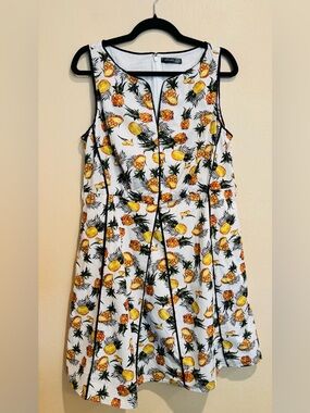 eshakti Pineapple Themed A-line Midi Dress, Cotton Lined, Pleated, Plus 1X/16